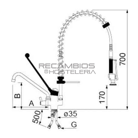 Grifo ducha baja altura. Alt 70 cms